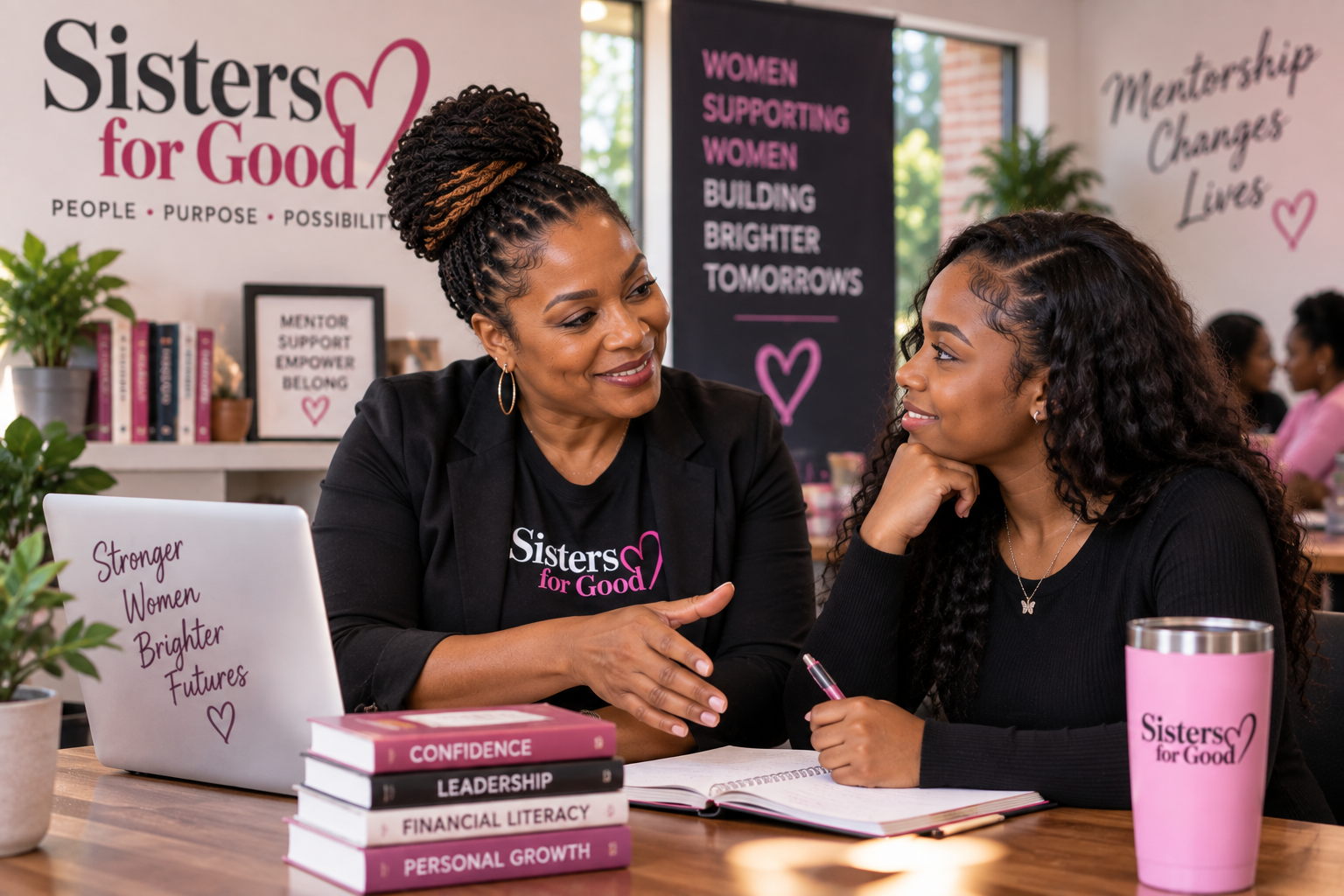 Founder Sheryl Williams mentors a young woman over notebooks and career-growth materials at Sisters for Good