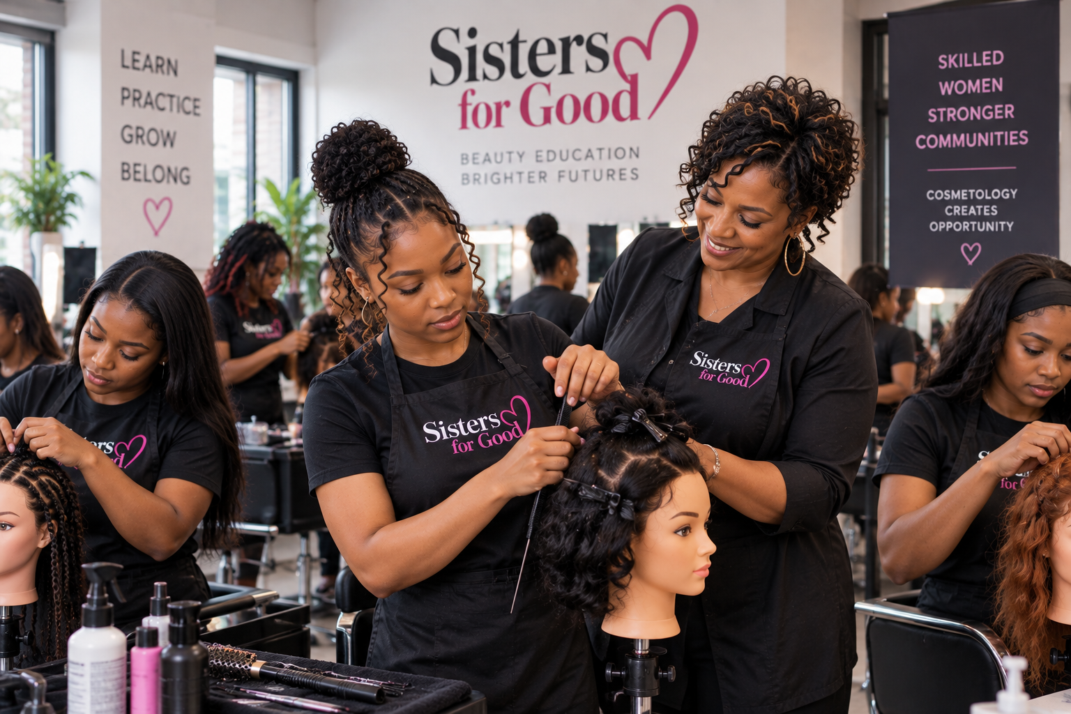 Mentor guiding a student through cosmetology practice at Sisters for Good, with beauty education and brighter futures messaging