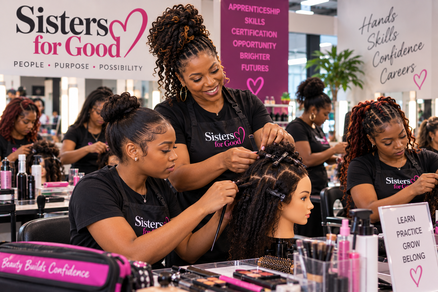 A Sisters for Good instructor mentors a student during cosmetology training, with apprenticeship and skills messaging visible in the studio